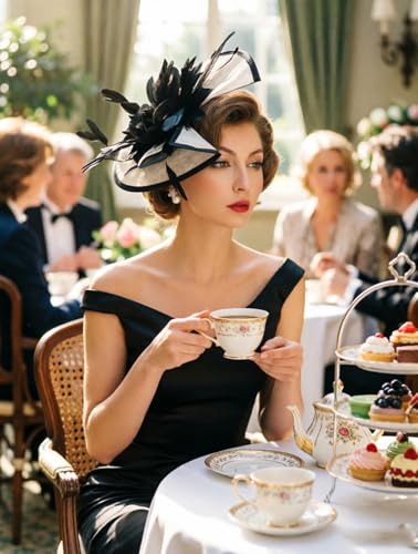 ORIDOOR Women Fascinators Derby Church Tea Party Wedding Flower Feathers Headpiece with Headband Clips - color: 02-black
