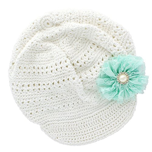 My Lello Little Girl's Newsboy Crochet Beanie Hat with Vintage Lace/Tulle Flower - color: White/Aqua, size: One Size