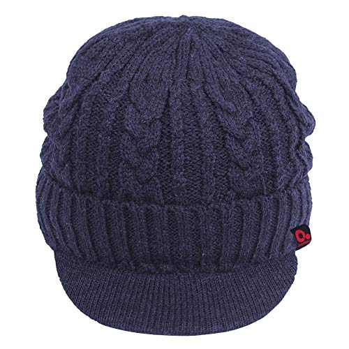 Original One Men Wool Blend Cable Knitted Visor Beanie Winter Knit Hat with Brim Fur Lined Ski Cap - color: Blue