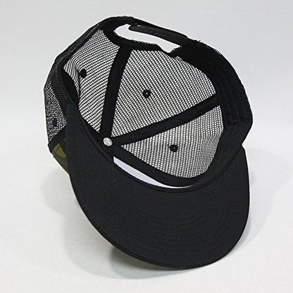 Plain Cotton Twill Flat Brim Mesh Adjustable Snapback Trucker Baseball Cap - color: Black/Camo/Black
