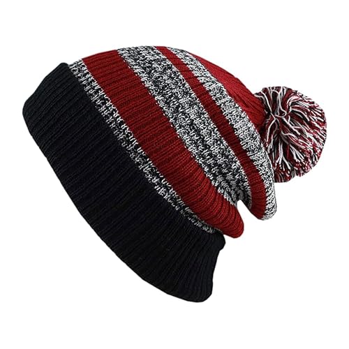Winter Knit Beanie Hat with Pom Pom – Warm Cuffed Slouch Ski Cap for Men & Women - color: 3.black/Burgundy