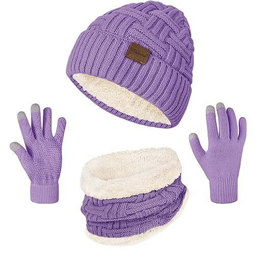 Loritta 3-Pieces Winter Hats for Women Warm Scarf Touchscreen Gloves - color: Purple