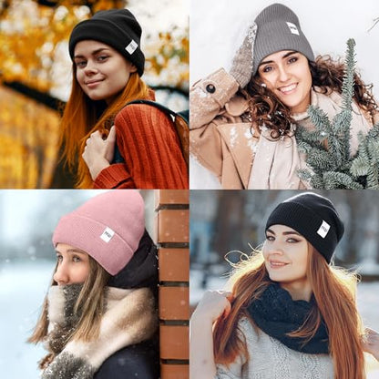 FEQO 4 Pack Satin Lined Winter Beanie Hats Soft Silk Lined Beanies - color: Black, Blush Pink, Light Grey, Beige