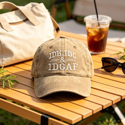 IDK IDC & Idgaf Hat Embroidered Hat, Humorous Funny Attitude Adjustable Distressed Baseball Dad Gift Hat - color: Idgaf Gray