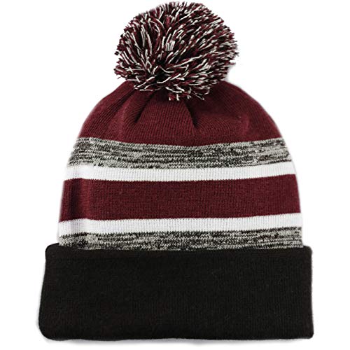 Winter Knit Beanie Hat with Pom Pom – Warm Cuffed Slouch Ski Cap for Men & Women - color: 1.black and Burgundy With Pom