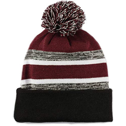 Winter Knit Beanie Hat with Pom Pom – Warm Cuffed Slouch Ski Cap for Men & Women - color: 1.black and Burgundy With Pom