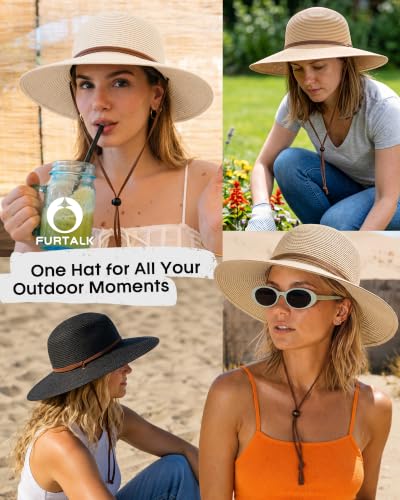 FURTALK Womens Wide Brim Sun Hat with Wind Lanyard UPF Summer Straw Sun Hats for Women - color: Ad-beige, size: Medium-Large