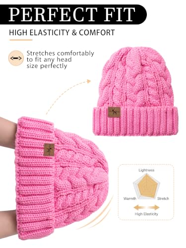Winter Hats for Women Cable Knit Chunky Skull Cap Fleece Lined Thick Fold Cuff Beanie hat - color: Pink, style: Wheat Spike