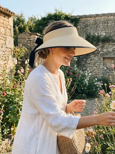 Sun Visor Hat for Women Wide Brim Ponytail Straw Hat UV UPF Summer Beach Vacation Packable Foldable Travel - color: Beige