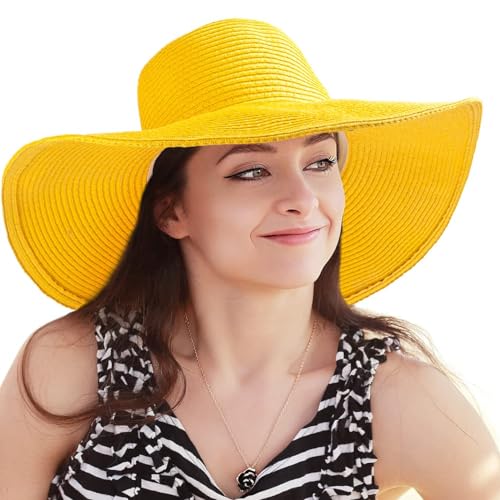 Women's Wide Brim Sun Hat - UV Protection Floppy Straw Sunhat Summer 7 1/4 - color: 004 Yellow, Size 58cm, for 22 - 22 7/8" ( 7, 7 1/8, 7 1/4 )