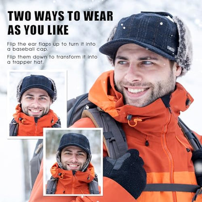 TOP-EX Oversized XL/XXL Unisex Winter Trapper Military Hat Faux Fur Earflaps Quilted Lined Baseball Cap - color: Navy(twill), size: Medium
