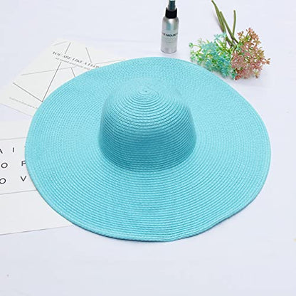 Big Beach Hats for Women Foldable Summer Wide Brim Packable Oversized Sun Hat Lady Girl Travel Straw Cap - color: Light Blue