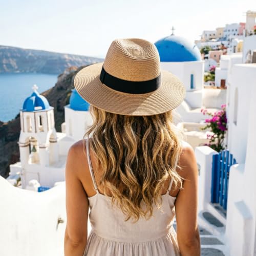 DRESHOW Women Straw Panama Hat Travel Fedora Beach Sun Hat Summer Wide Brim Straw Roll up Hats UPF 50+ - color: Fedora a Khaki