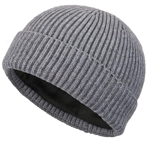 Short Wool Fisherman Beanie for Men Women Fleece Lined Winter Hat - color: 1pcs Gray