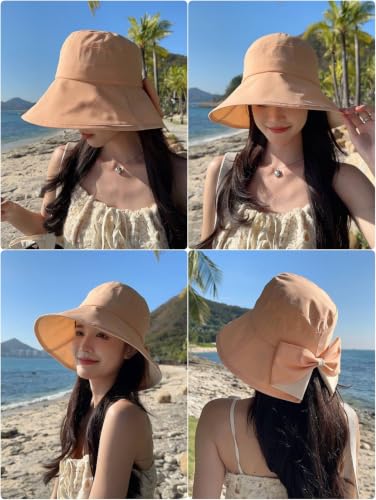Women Bowknot Wide Brim UPF50+ Foldable Travel Beach Sun Hat - color: Peach Pink