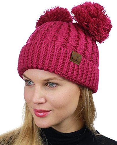 C.C 2 Ear Pom Pom Cable Knit Soft Stretch Cuff Skully Beanie Hat - color: Hot Pink