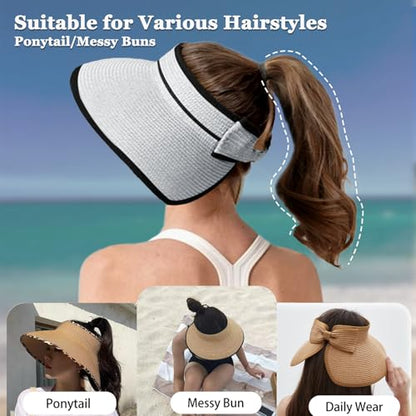 Women's Sun Visor Hats Wide Brim Straw Beach Hat Ponytail Hats for Women Foldable Floppy - color: 1pack-white/Black