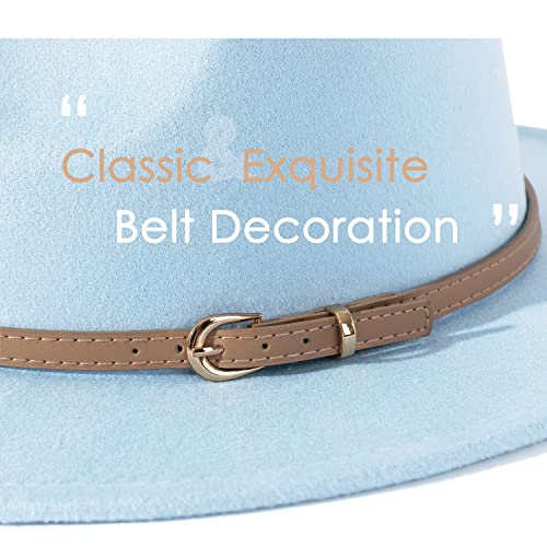 Lisianthus Women Classic Felt Fedora Wide Brim Hat with Belt Buckle - color: Light Sky Blue