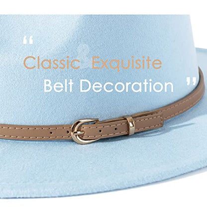 Lisianthus Women Classic Felt Fedora Wide Brim Hat with Belt Buckle - color: Light Sky Blue