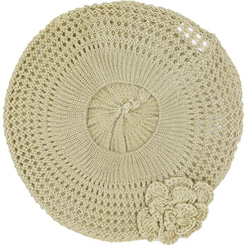 an Womens Crochet Hat Flower Beanie Beret Fashion Accessory Lightweight Knit Cap - color: Beige Net