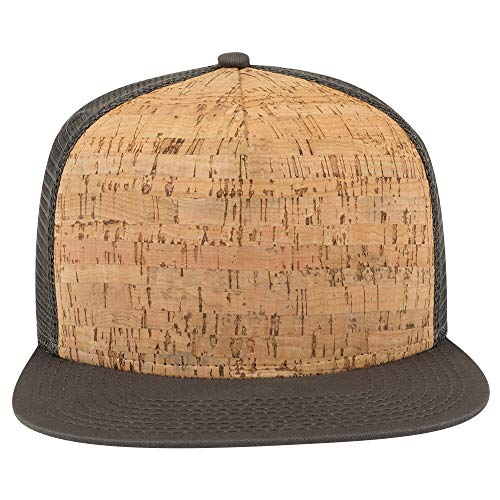 OTTO Cork Flat Visor SNAP 5 Panel Mesh Back Trucker Snapback Hat - color: Char. Gray/Cork/Char. Gray