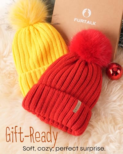 FURTALK Kids Winter Hat Toddler Knitted Beanie Faux Fur Pom - color: Yellow, size: 2-8 Years