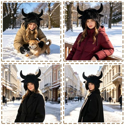 XGOPTS Winter Faux Fur Plush Hat with Horns Warm Animal Horn Ox Earflap Hat - color: Black