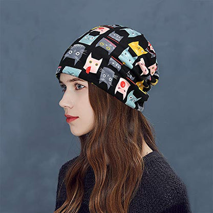 XYIYI Womens Chemo Headwear Hats Cotton Slouchy Beanie Cap Scarf - color: 2pcs Cat-f