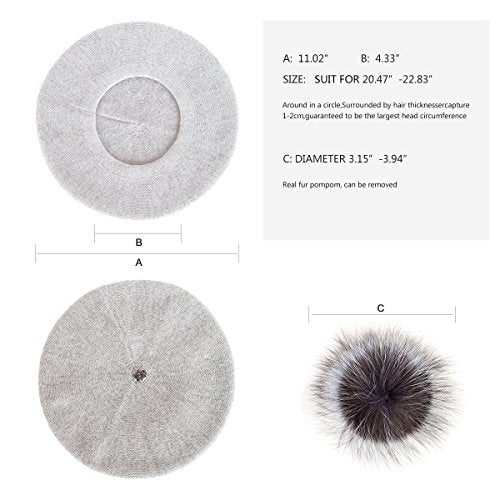 Womens Winter Beret Hat Knitted Beanie Cap Autumn Winter Hat French Classic Beret - color: L.gray With Silver Fox Fur Pompom