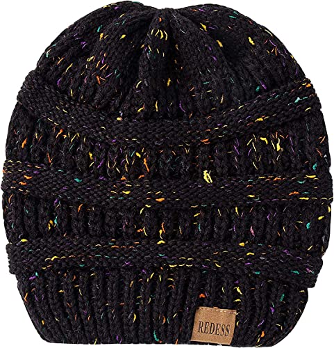 REDESS Slouchy Beanie Hat for Men and Women Winter Warm Knit Hat Chunky Soft Oversized Cable Cap - color: Dot Black+dot Dark Grey