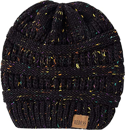 REDESS Slouchy Beanie Hat for Men and Women Winter Warm Knit Hat Chunky Soft Oversized Cable Cap - color: Dot Black+dot Dark Grey