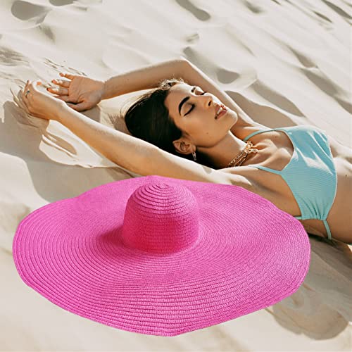 Oversized Beach Hat Women, Extra Wide Brim Foldable Straw Floppy Sun Hat - color: Rose Red
