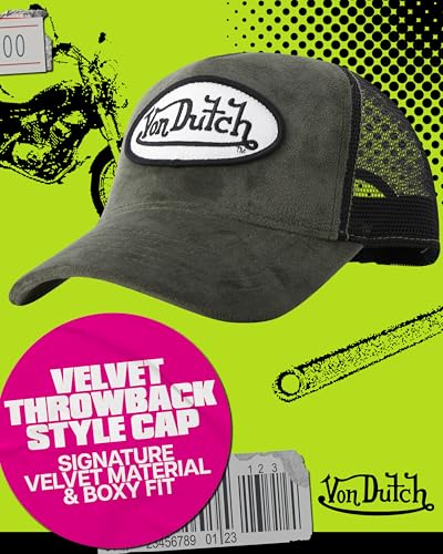 Von Dutch Unisex Velvet Trucker Hat, Curved Bill, Mesh Back, Snapback - color: Olive