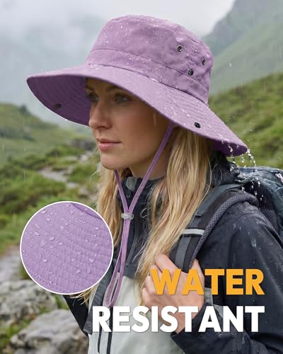 Women Sun Hat with Ponytail Hole Wide Brim Bucket Sun Protection for Summer - color: Light Purple