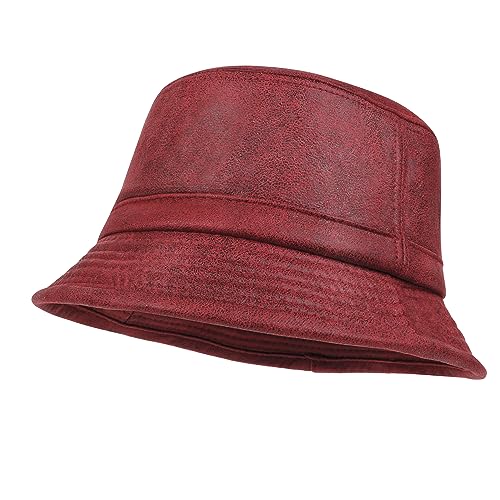 ililily Vintage Faux Leather Short Brim Bucket Hat Flat Top Basic Hat - color: Red, size: Medium