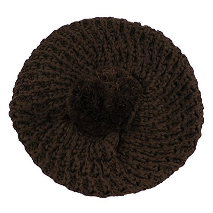 Morehats Thick Crochet Knit Pom Pom Beret Winter Ski Hat - color: Dark Chocolate