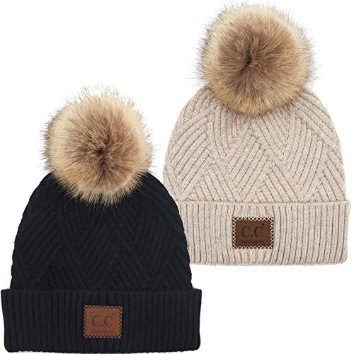 Funky Junque Women’s Pom Pom Beanie – Soft Knit Winter Hats for Women & Teens, Warm Fashionable Beanie with Faux Fur Poms - color: 2 Pack: Black & Beige - Diagonal Stripes