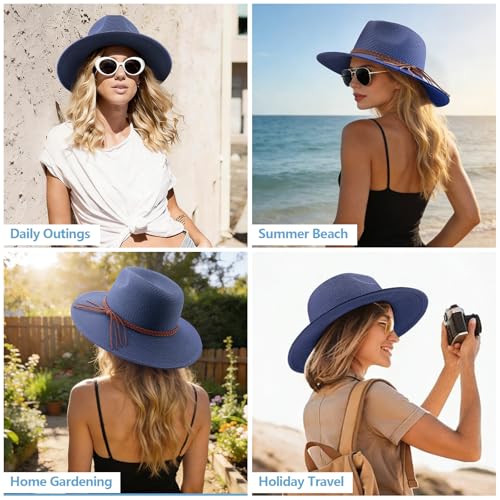DRESHOW Women Straw Panama Hat Travel Fedora Beach Sun Hat Summer Wide Brim Straw Roll up Hat UPF 50+ - color: Straw Hat With Braided Band: Navy