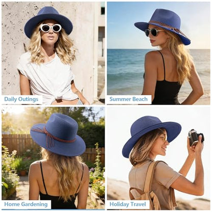 DRESHOW Women Straw Panama Hat Travel Fedora Beach Sun Hat Summer Wide Brim Straw Roll up Hat UPF 50+ - color: Straw Hat With Braided Band: Navy