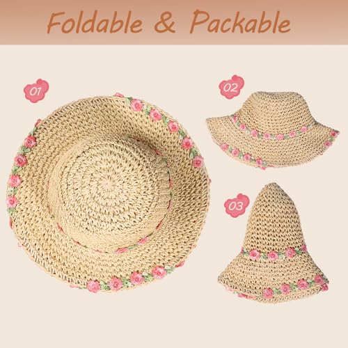 Girls Straw Hat with Flower Round Sunglasses, Summer Foldable Large Brim Sunflower Bowknot Beach Toddler Straw Sun Hat, 2-6T - color: Beige-pink Flower