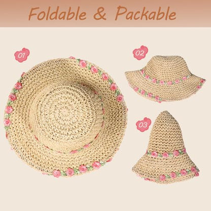 Girls Straw Hat with Flower Round Sunglasses, Summer Foldable Large Brim Sunflower Bowknot Beach Toddler Straw Sun Hat, 2-6T - color: Beige-pink Flower