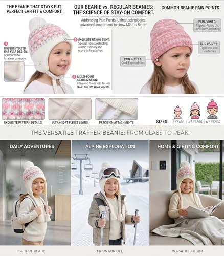 Moon Kitty Girls Knit Hats Winter Fleece Lining Skiing Winter Caps with Warm Ear Flap - color: Beige, size: 6-10 Years