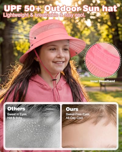 Century Star Kids Sun Hat with Ponytail Hole & Detachable Neck Flap UPF50+ Quick Dry Girls Bucket Hat for Outdoor Beach - color: Watermelon Red