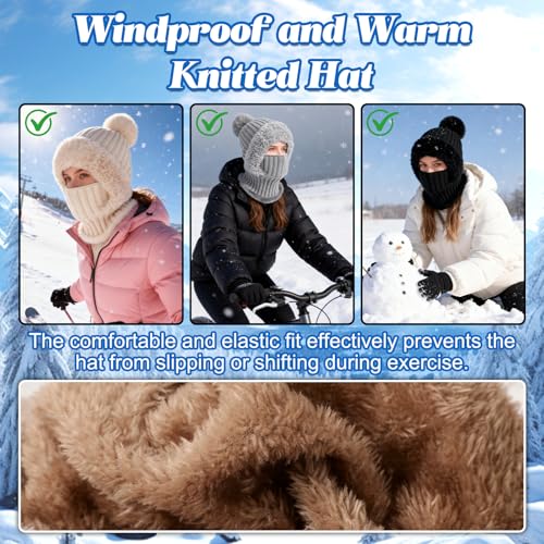 3 in 1 Beanie Hat for Women, Knitted Balaclava Hats,with Scarf and Mask,Face Mask Neck Scarf Set - color: Khaki