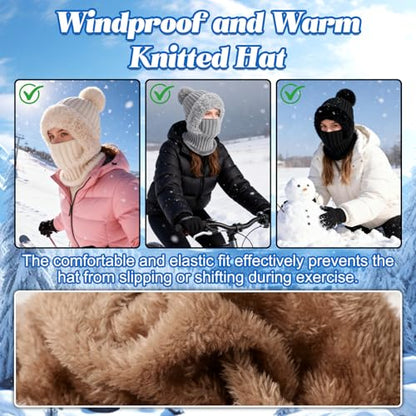 3 in 1 Beanie Hat for Women, Knitted Balaclava Hats,with Scarf and Mask,Face Mask Neck Scarf Set - color: Khaki