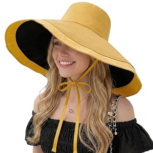 HUAMULAN Women Summer Vacation Wide Brim Sun Hat Reversible Fishing Hats - color: Yellowblack