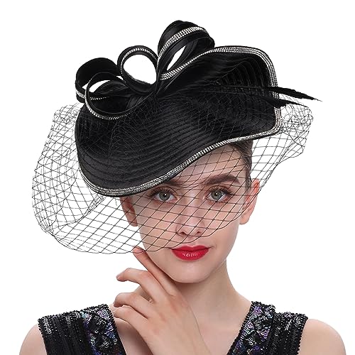 ORIDOOR Women Fascinators Derby Church Tea Party Wedding Flower Feathers Headpiece with Headband Clips - color: A Black
