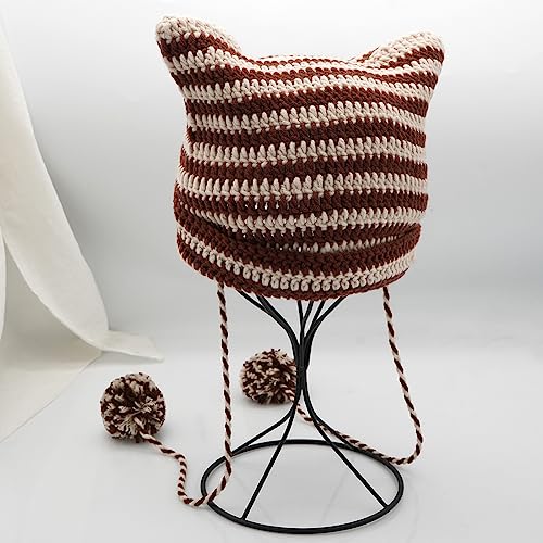 XYIYI Crochet Hats for Women Fox Knit Hat with Pompoms Grunge Goth Accessories Slouchy Beanies for Women Girls - color: Coffee Beige