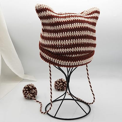 XYIYI Crochet Hats for Women Fox Knit Hat with Pompoms Grunge Goth Accessories Slouchy Beanies for Women Girls - color: Coffee Beige