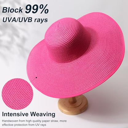 DRESHOW Big Straw Sun Hats for Women Floppy Foldable Roll up Beach Cap Sun Hat UPF 50+ Vacation Honeymoon Embroidered Hat - color: Medium Size: Rose Red / Brim 5.5" (Head Circumference 22-22.8")
